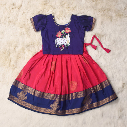 Jivdani Mata -  Navy blue and Orange traditional langa blouse kamadenu cow embroidered zari border ethnic wear pattu pavadai silk for baby girl