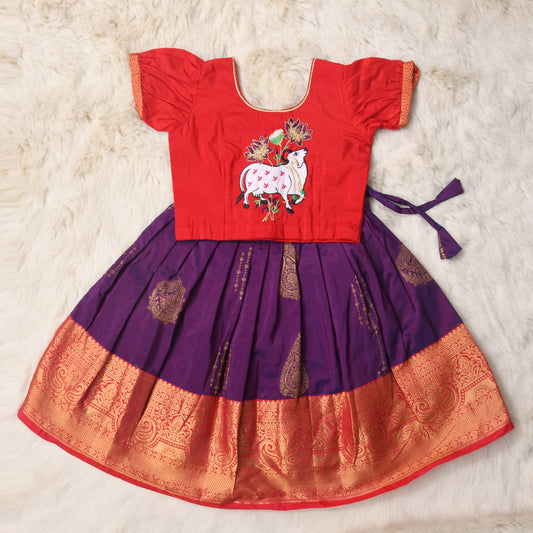 Bhutamata -  Deep Purple and Red traditional langa blouse kamadenu cow embroidered zari border ethnic wear pattu pavadai silk for baby girl