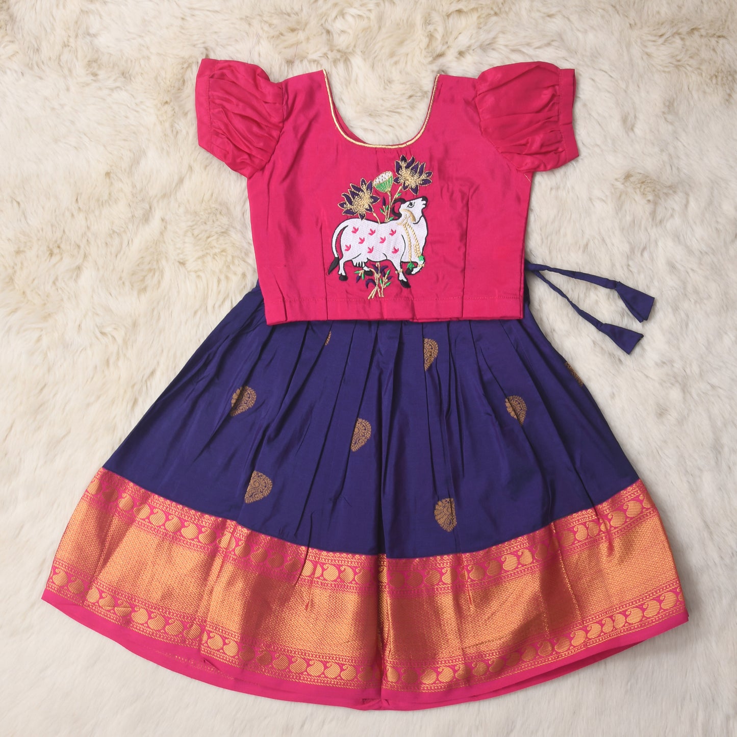 Bhairavi - Candy Pink and Navy blue traditional langa blouse kamadenu cow embroidered zari border ethnic wear pattu pavadai silk for baby girl