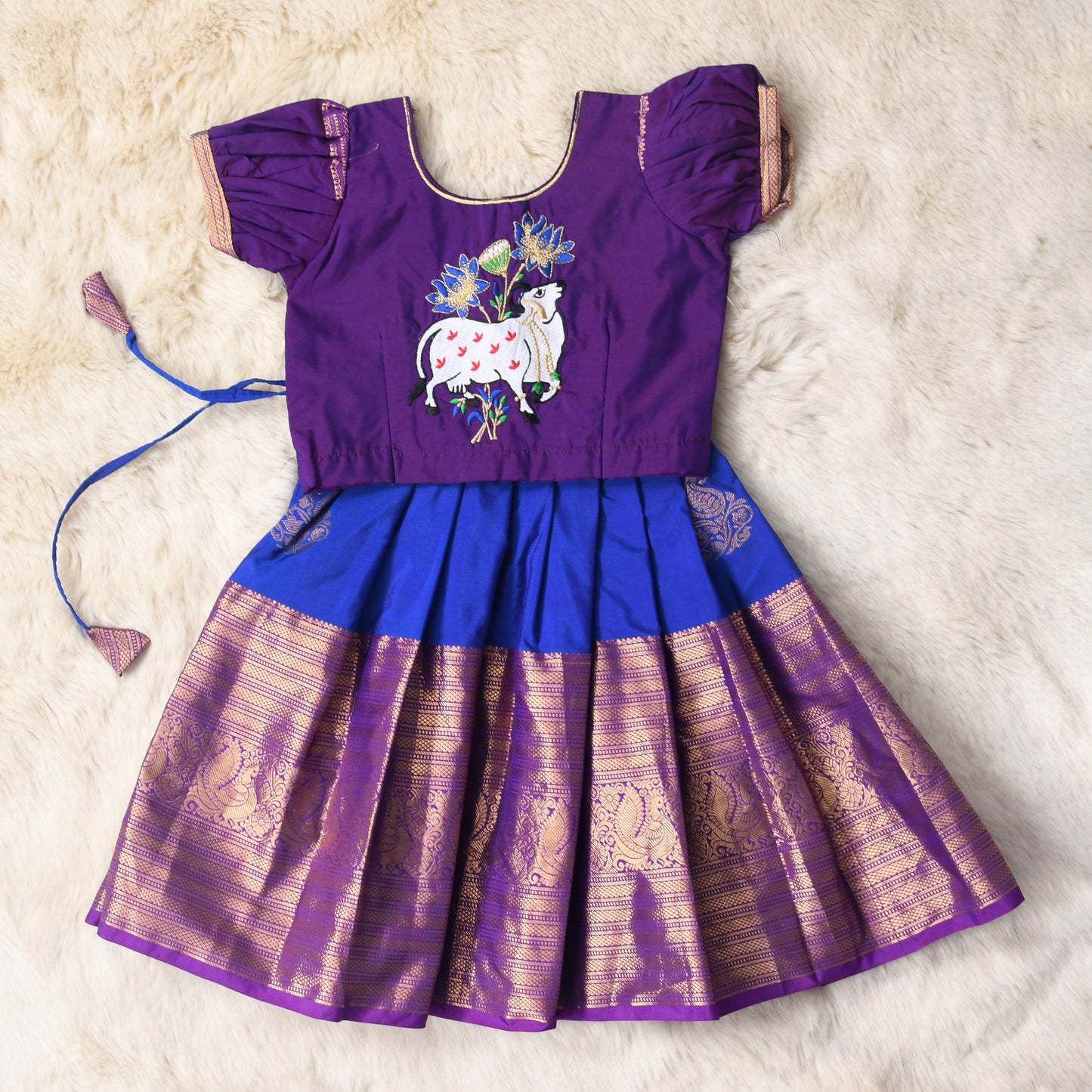 Myra - Purple and Royal Blue green traditional langa blouse kamadenu cow embroidered zari border ethnic wear pattu pavadai silk for baby girl