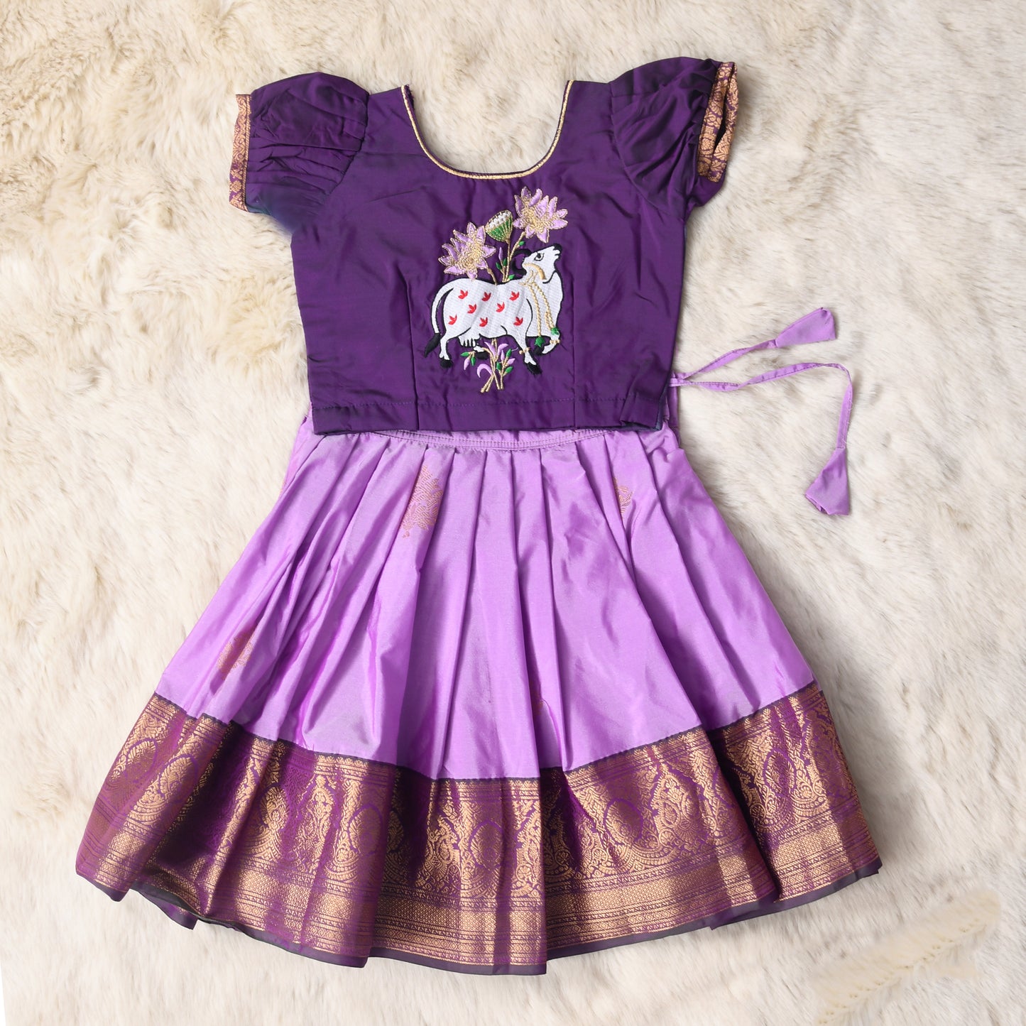 Nirvi - Deep violet and lavender traditional langa blouse kamadenu cow embroidered zari border ethnic wear pattu pavadai silk for baby girl