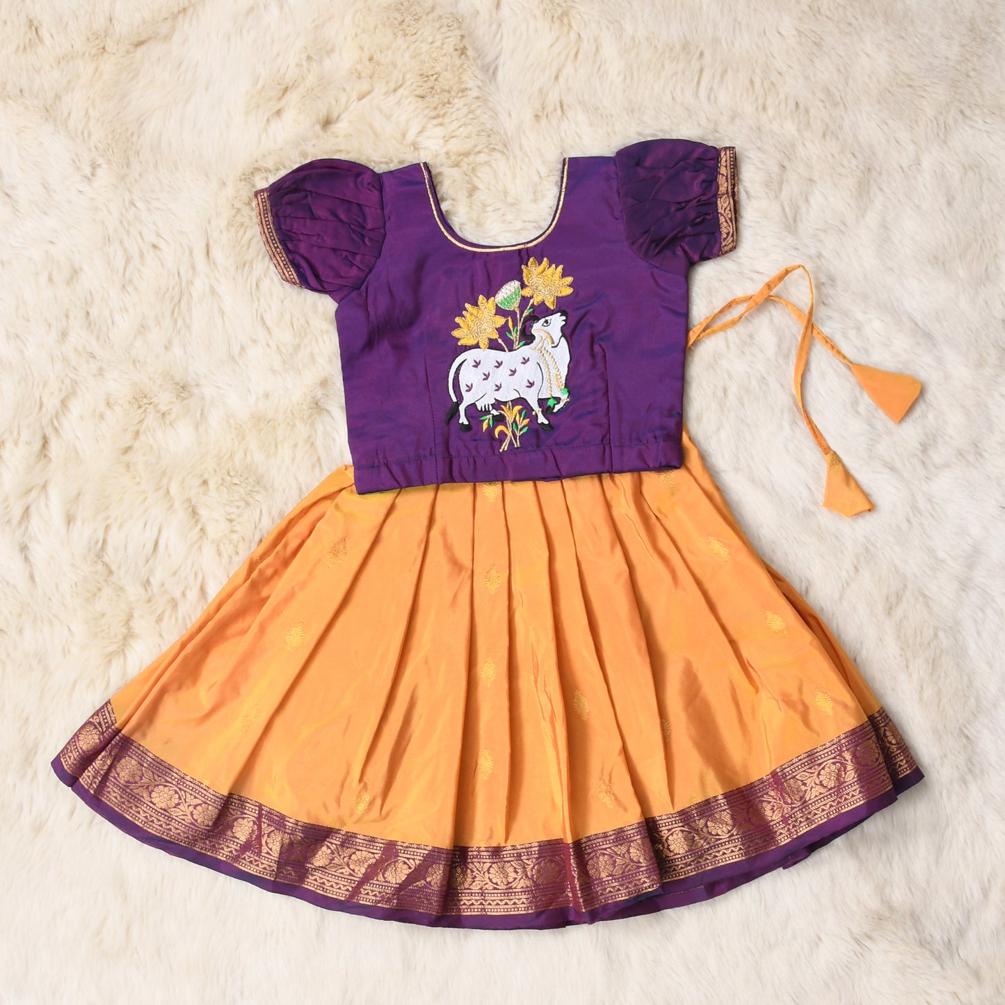 Aeindri - dark violet and mustard yellow traditional langa blouse kamadenu cow embroidered zari border ethnic wear pattu pavadai silk for baby girl