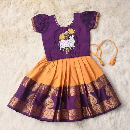 Anwita - dark violet and mustard yellow traditional langa blouse kamadenu cow embroidered zari border ethnic wear pattu pavadai silk for baby girl (Big border)