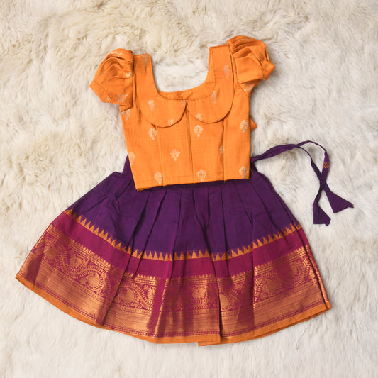 Aryahi - dark violet and mustard yellow traditional langa blouse vintage collar for baby girl