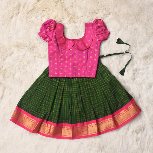 Bani - festive pink and checked bottle green traditional langa blouse vintage collar for baby girl