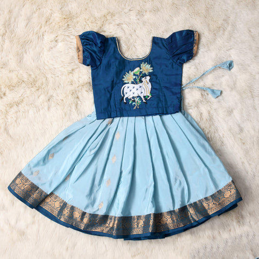 Bhaskari - Sapphire blue and pale light traditional langa blouse pattu silk baby girl ethnic wear (small border)