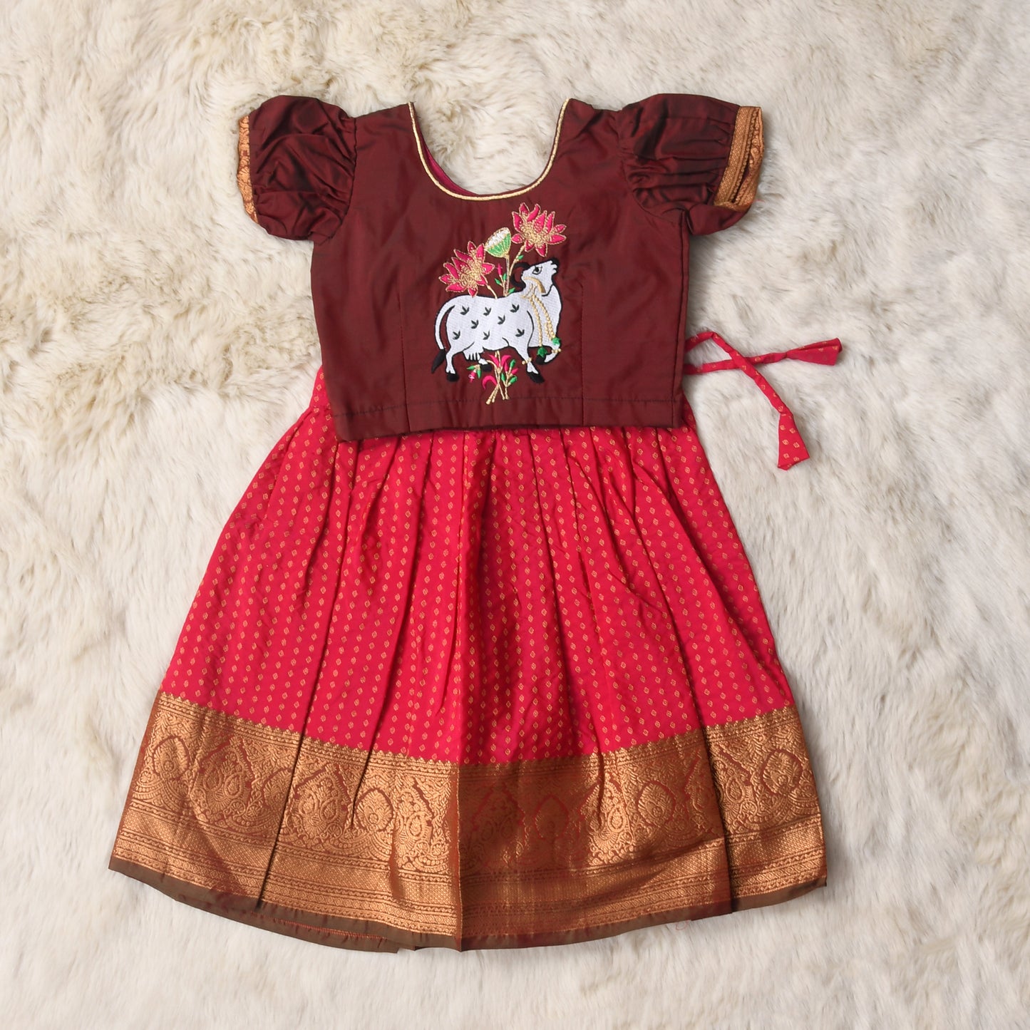 Bhrami - Cherry red and chocolate brown traditional langa blouse pattu silk baby girl ethnic wear