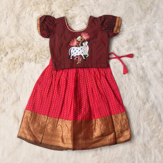 Bhrami - Cherry red and chocolate brown traditional langa blouse pattu silk baby girl ethnic wear