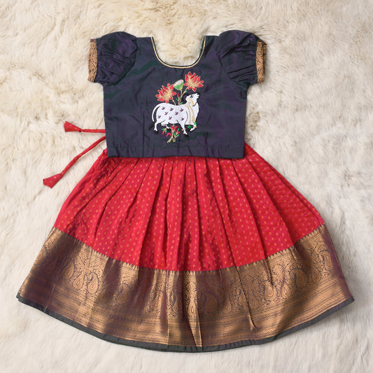 Deepta - Cherry red and deepest grey traditional langa blouse pattu silk baby girl ethnic wear