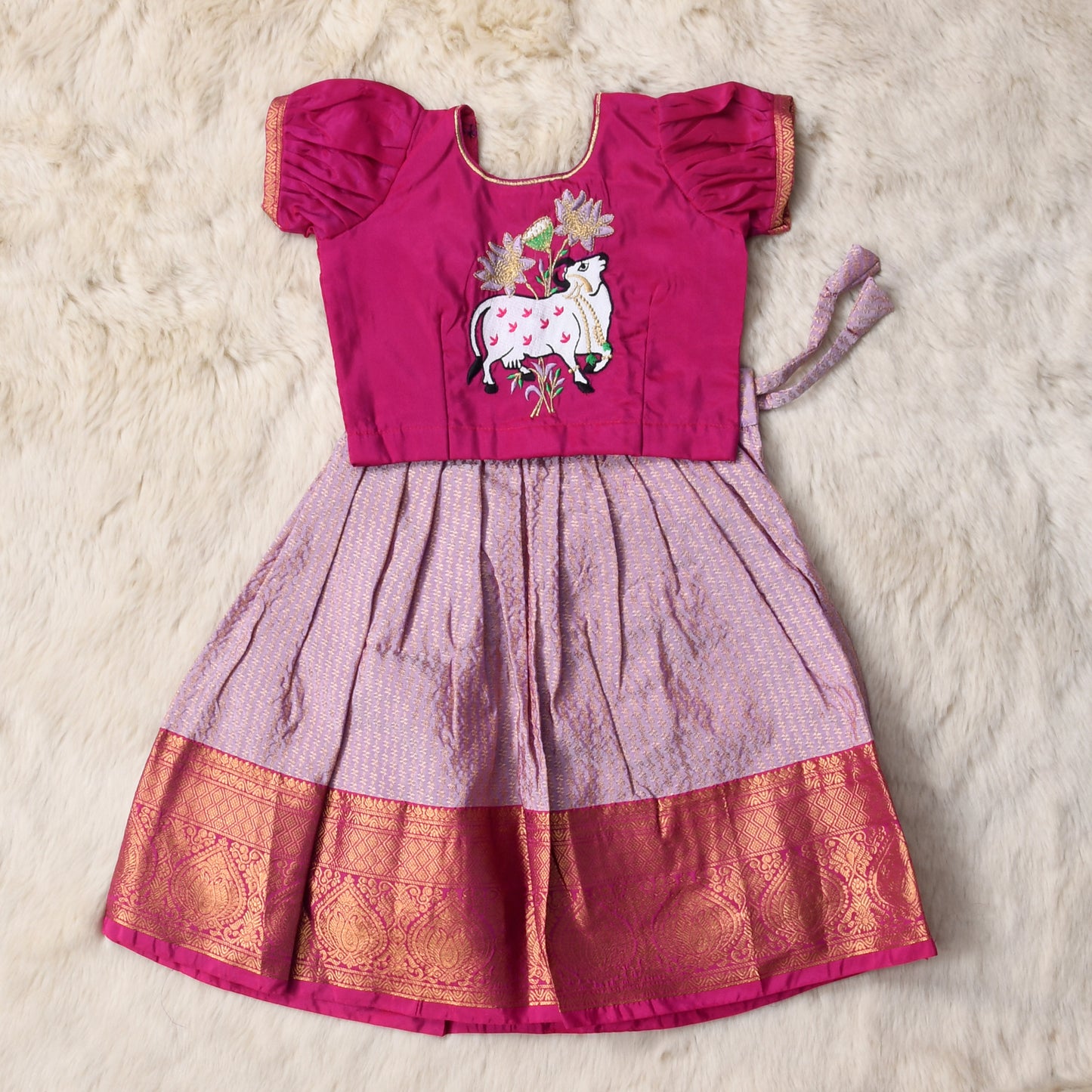 Ekaa - Onion pink and festive pink traditional langa blouse pattu silk baby girl ethnic wear