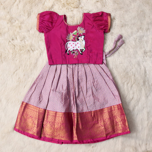 Ekaa - Onion pink and festive pink traditional langa blouse pattu silk baby girl ethnic wear