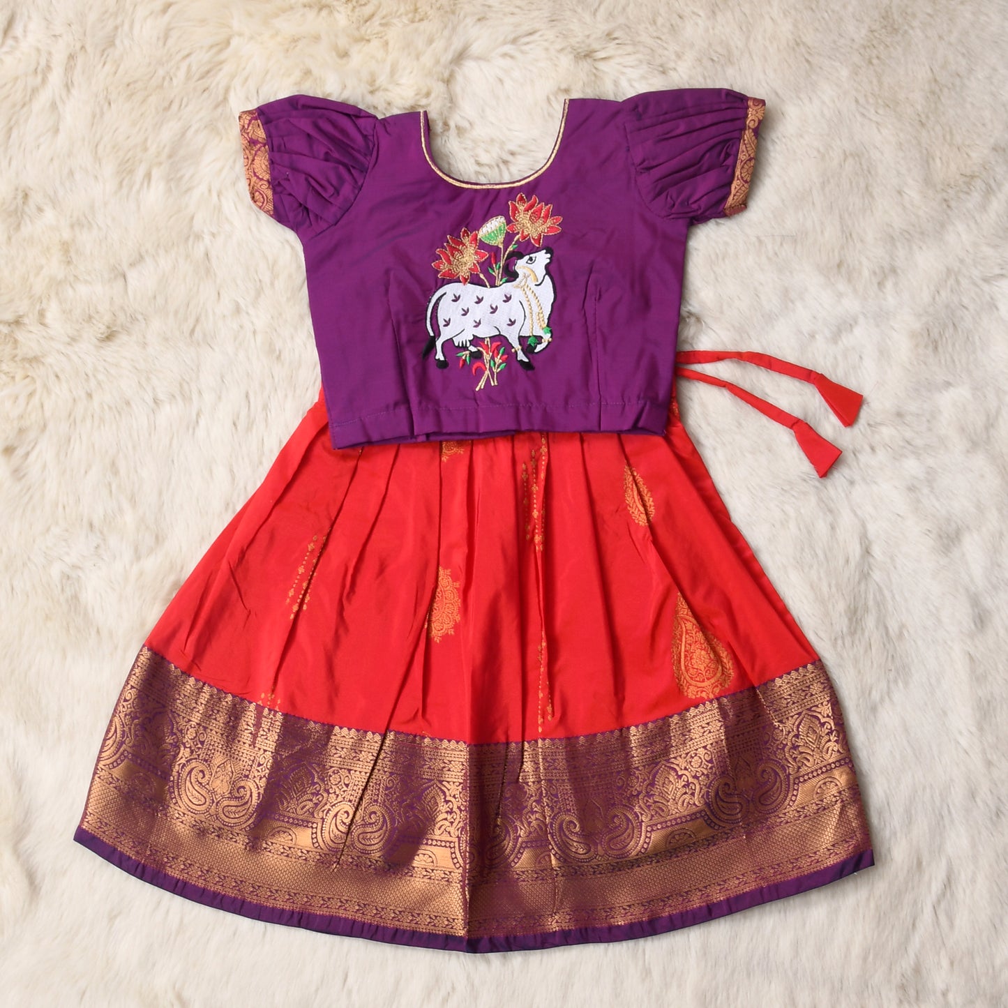 Gauri - Purple and vibrant orange traditional langa blouse pattu silk baby girl ethnic wear