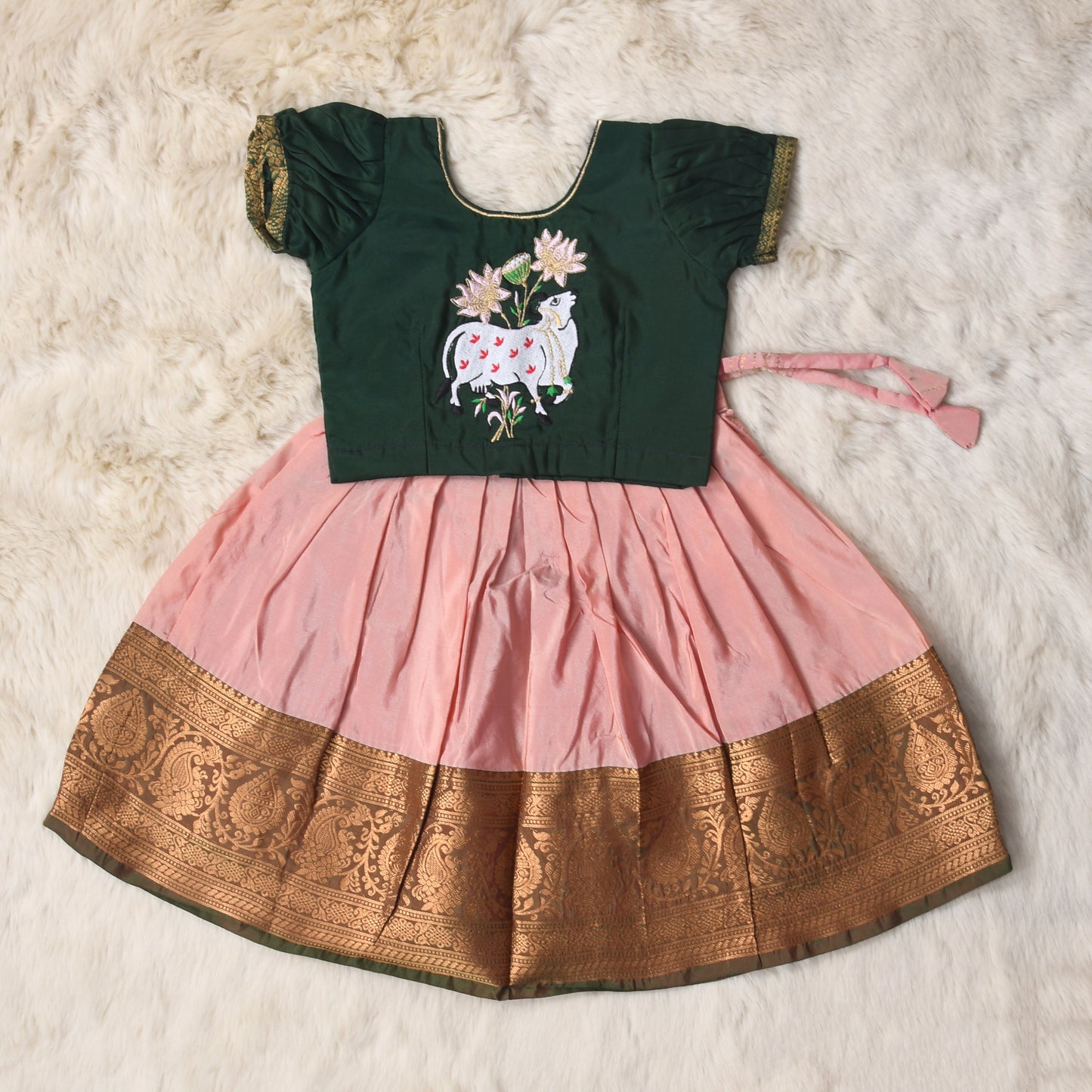 Hamsini - Bottle green and pale pink traditional langa blouse pattu silk baby girl ethnic wear