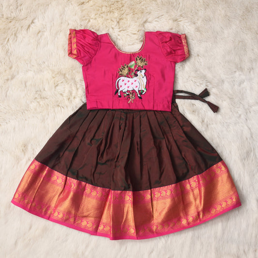 Indusheetala - pink and brown traditional langa blouse pattu silk baby girl ethnic wear