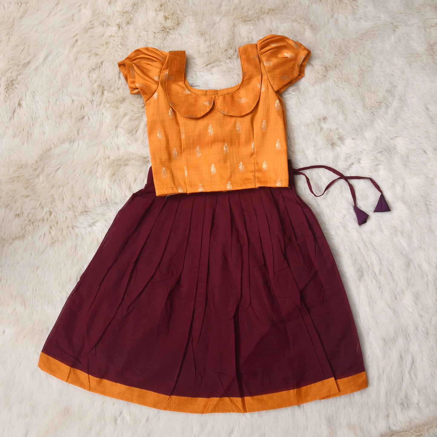 Kriti - Mustard yellow and brownish maroon langa blouse kanchi cotton vintage collar baby girl ethnic wear