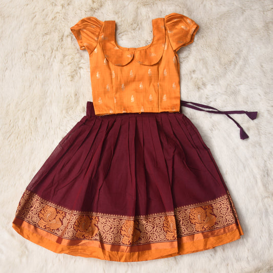 Kimaya - Mustard yellow and brownish maroon langa blouse kanchi cotton vintage collar baby girl ethnic wear (Big Border)