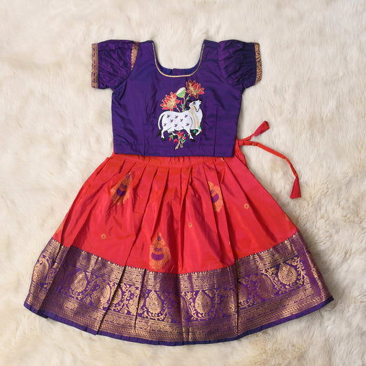 Arika - Purple and orange pattu silk south Indian ethnic wear langa blouse for baby girl