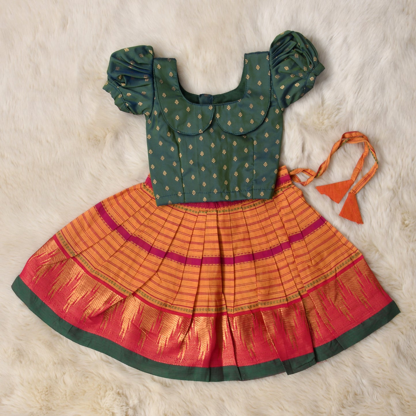 Gayathri -mustard yellow and bottle green kanchi cotton south Indian ethnic wear langa blouse for baby girl