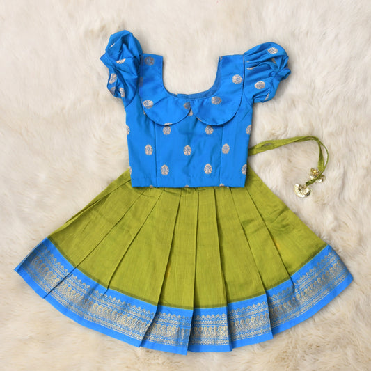 Misha - Aqua blue and algae green kanchi cotton south Indian ethnic wear langa blouse for baby girl