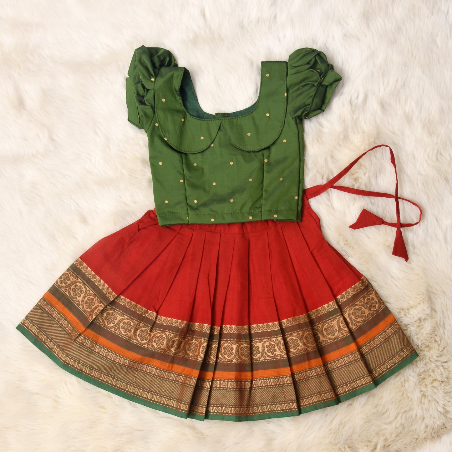 Maanvi - Mehendi green and tomato red kanchi cotton south Indian ethnic wear langa blouse for baby girl