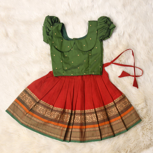 Maanvi - Mehendi green and tomato red kanchi cotton south Indian ethnic wear langa blouse for baby girl