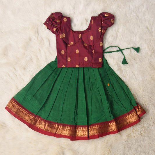 Aira -Bottle green and maroon kanchi cotton south Indian ethnic wear langa blouse for baby girl