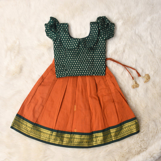 Dhvija - Bottle green and orange kanchi cotton south Indian ethnic wear langa blouse for baby girl