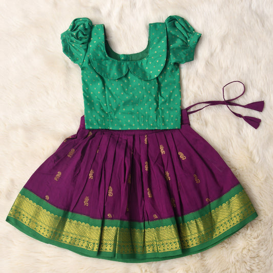 Hrithvi - Festive green and wine kanchi cotton south Indian ethnic wear langa blouse for baby girl