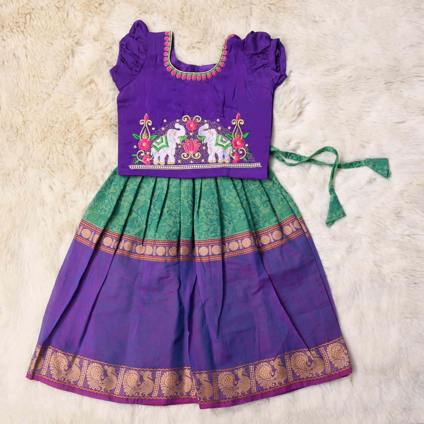 Purple with green pink beautiful elephant embroidery work langa blouse, pavada, lehenga for baby girl ethnic wear