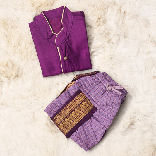 Chequered Lavendar and wine kurta dhoti ethnic dress for baby boy