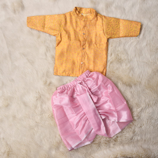 Golden yellow and powder pink kurta dhoti baby boy ethnic wear