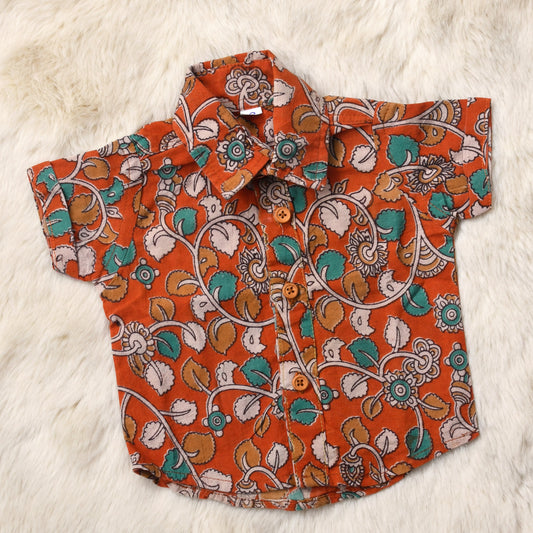 Kalamkari Indian print on orange - casual, comfortable, breathable, soft organic 100% cotton shirts for baby boy