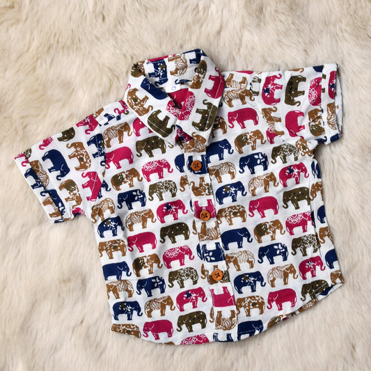 Elephant Indian print on white, multicolor - casual, comfortable, breathable, soft organic 100% cotton shirts for baby boy