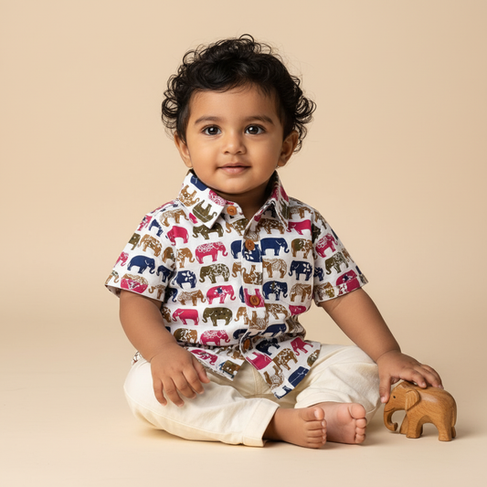 Elephant Indian print on white, multicolor - casual, comfortable, breathable, soft organic 100% cotton shirts for baby boy