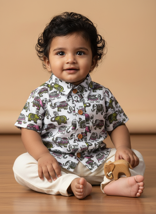 Elephant Indian print multicolor - casual, comfortable, breathable, soft organic 100% cotton shirts for baby boy