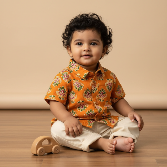 Indian print mustard yellow - casual, comfortable, breathable, soft organic 100% cotton shirts for baby boy