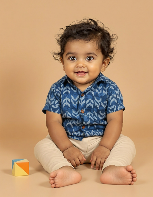 Indian print indigo classic - casual, comfortable, breathable, soft organic 100% cotton shirts for baby boy
