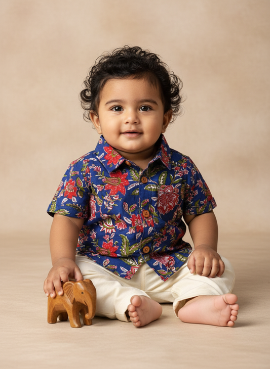 Indian print floral blue - casual, comfortable, breathable, soft organic 100% cotton shirts for baby boy
