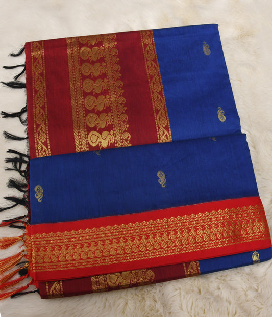 Royal Blue and maroon - Premium Cotton Silk Saree with Contrast Blouse