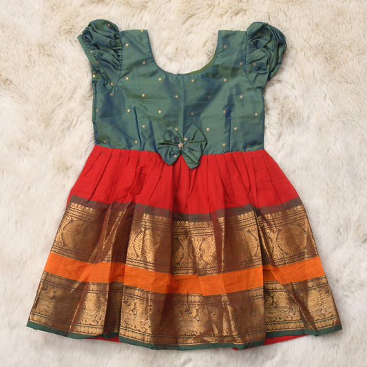 Dual green with brick red (bow) big border - Kanchi Cotton South Indian Ethnic wear for Baby Girl