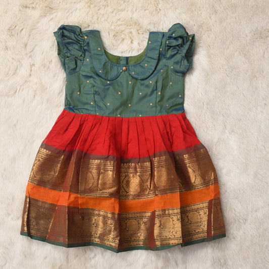 Dual green with brick red (collar) big border - Kanchi Cotton South Indian Ethnic wear for Baby Girl