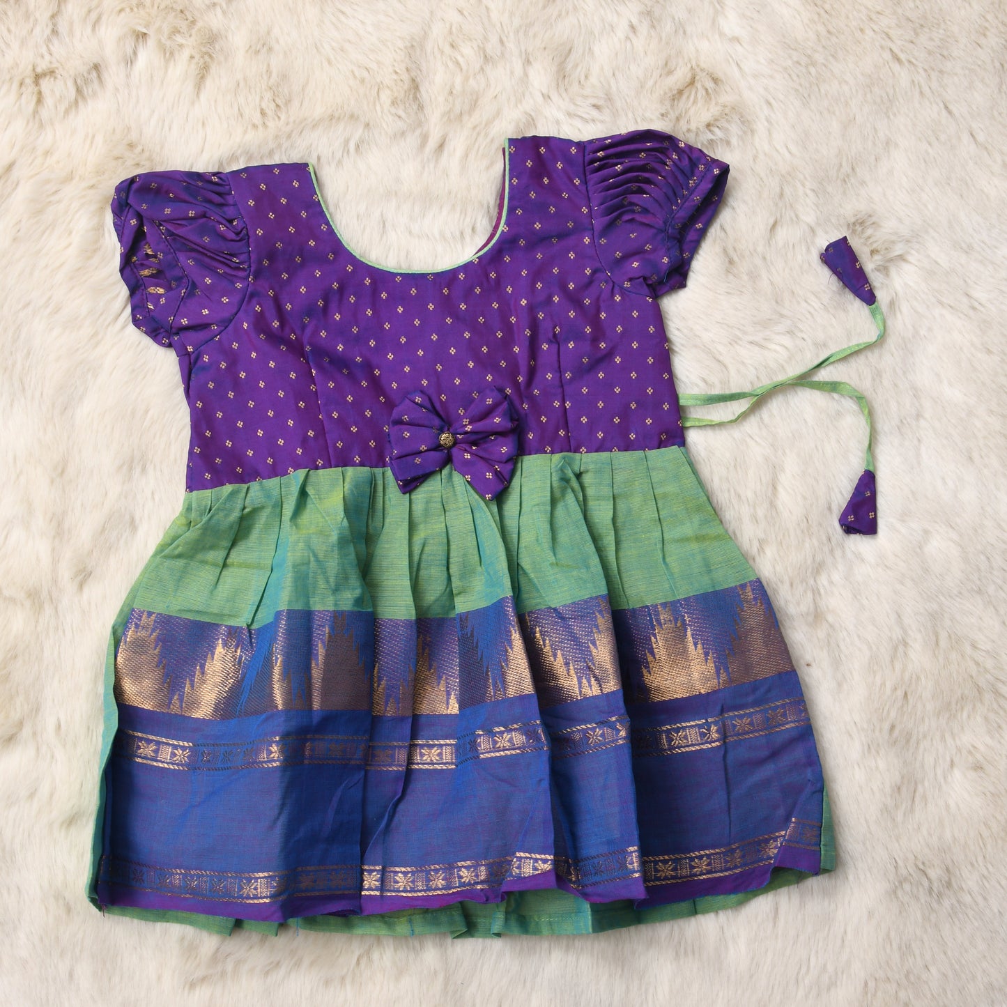 Deepest purple with light green (vintage bow) - Kanchi Cotton South Indian Ethnic wear for Baby Girl