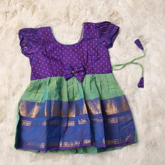 Deepest purple with light green (vintage bow) - Kanchi Cotton South Indian Ethnic wear for Baby Girl