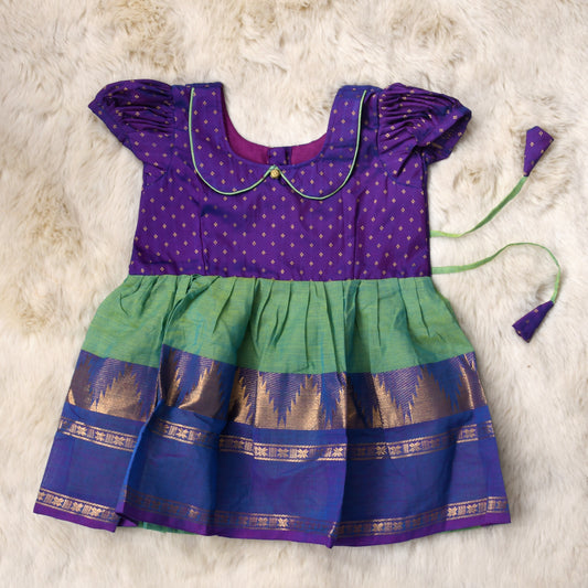 Deepest purple with light green (vintage collar) - Kanchi Cotton South Indian Ethnic wear for Baby Girl