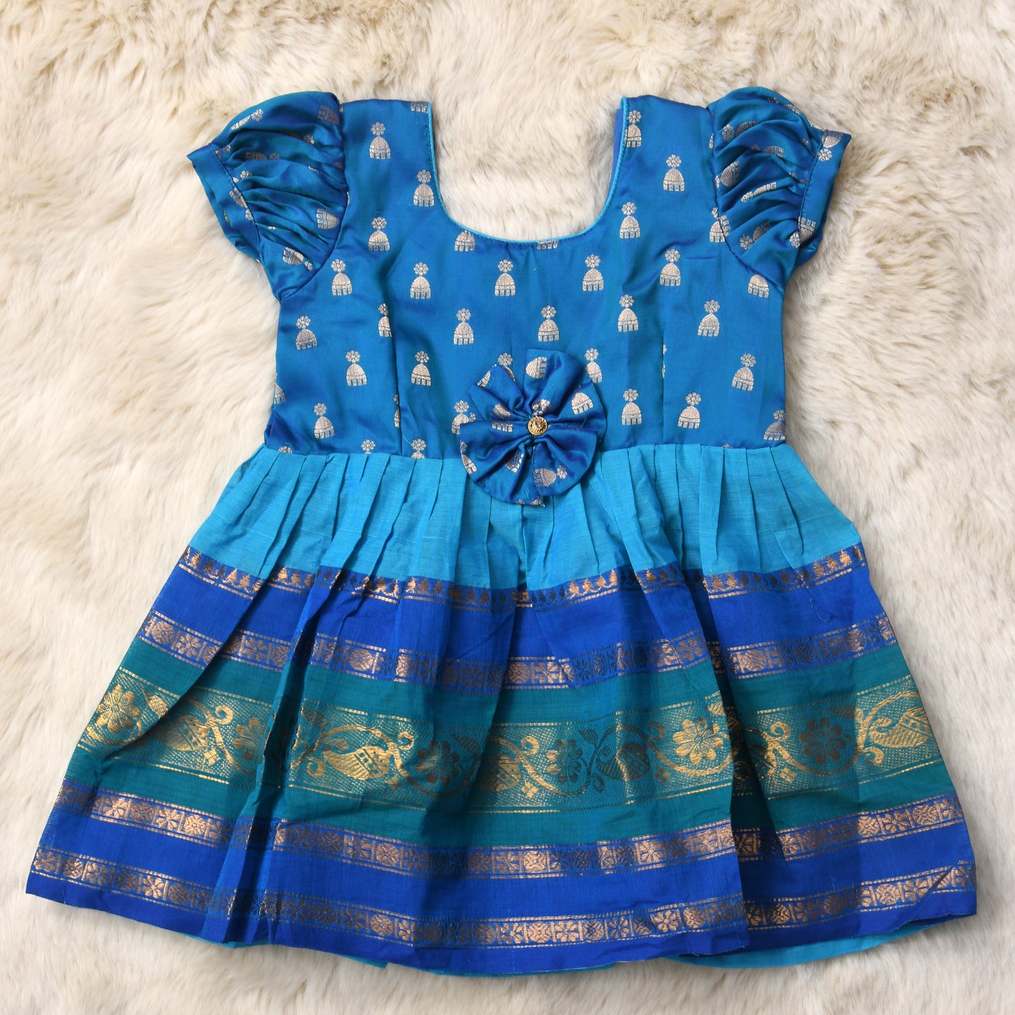 Ocean blue with light blue (vintage bow) - Kanchi Cotton South Indian Ethnic wear for Baby Girl