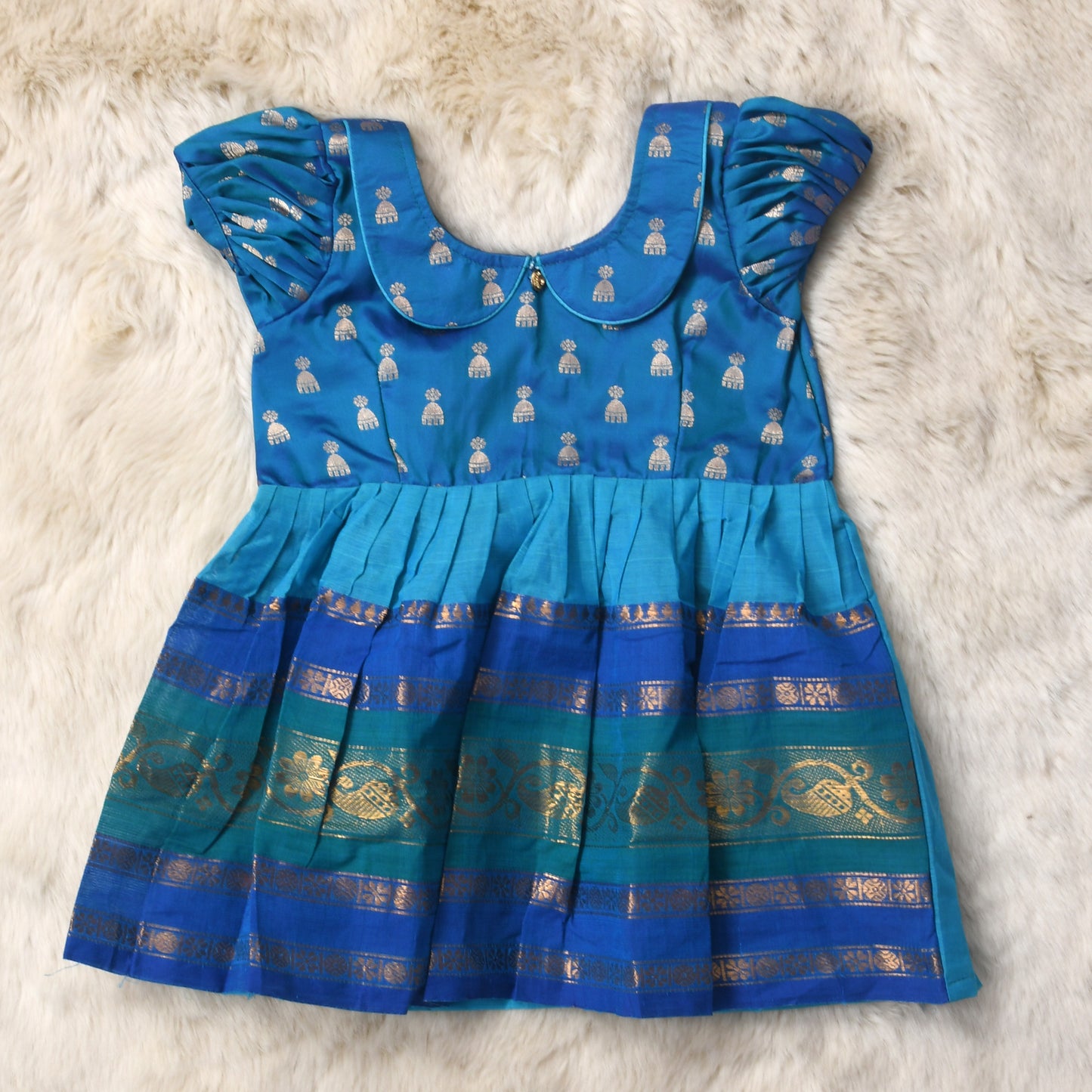 Ocean blue with light blue (vintage collar) - Kanchi Cotton South Indian Ethnic wear for Baby Girl