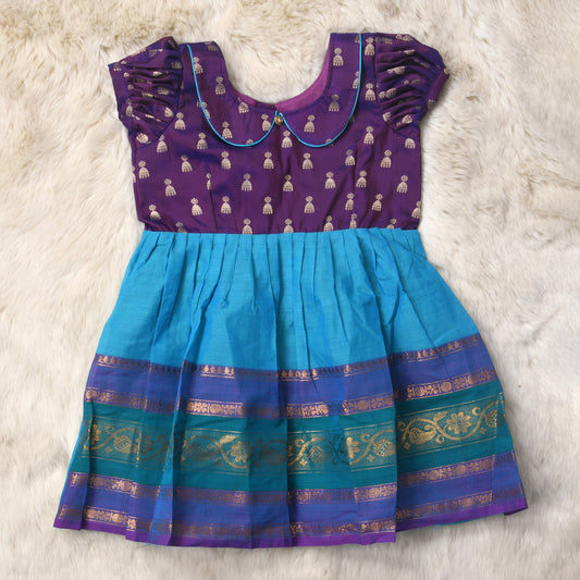 Deepest purple with light blue (Vintage Collar) - Kanchi Cotton South Indian Ethnic wear for Baby Girl