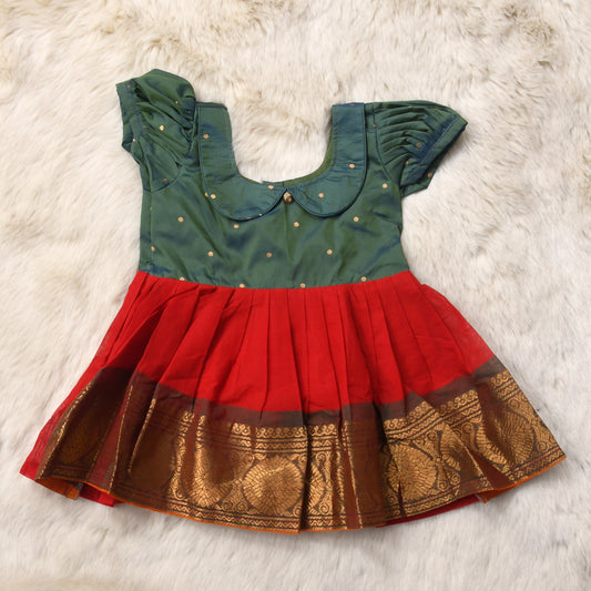 Dual green with brick red (collar) - Kanchi Cotton South Indian Ethnic wear for Baby Girl