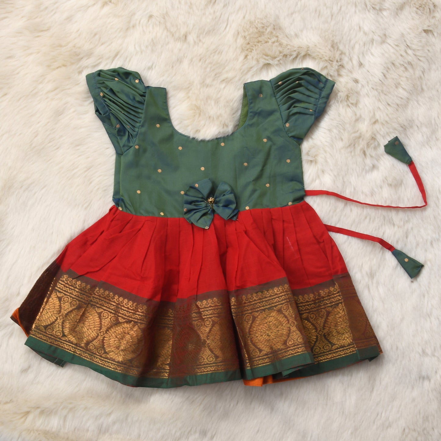 Dual green with brick red (bow) - Kanchi Cotton South Indian Ethnic wear for Baby Girl