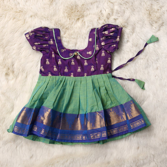 Deepest purple with light green (collar) - Kanchi Cotton South Indian Ethnic wear for Baby Girl